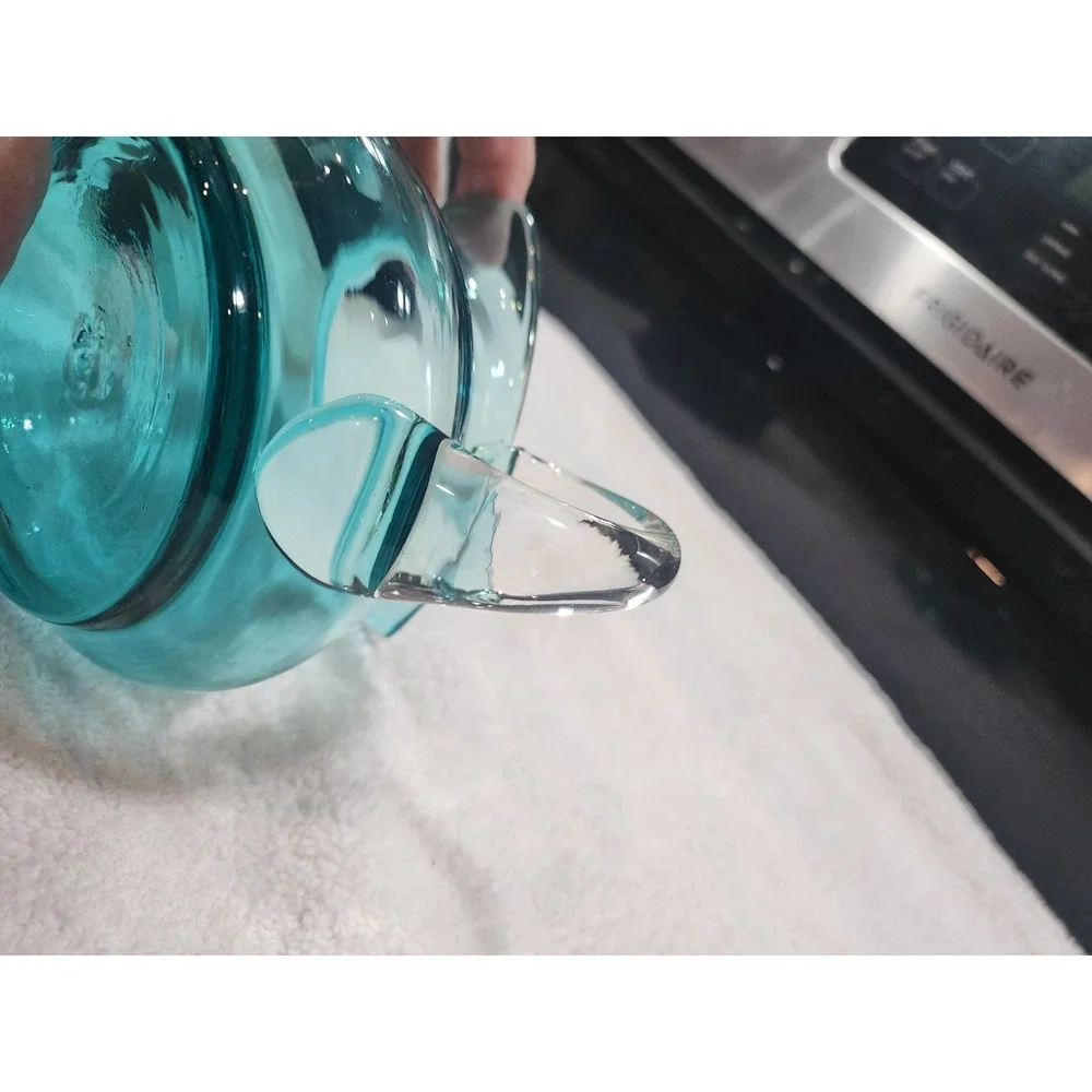 Vintage~MCM~Blue~Pitcher-Squatty~Flat Bottom~Clear Handle~ Squared Top~Beautiful